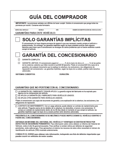 Editable Ftc "Implied Warranties Only" Spanish Window Label