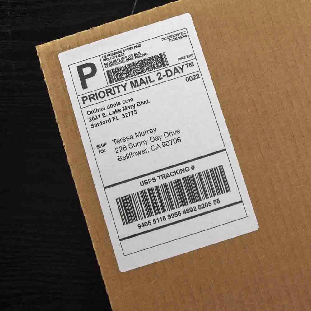 USPS shipping label on 8" x 5" standard white matte