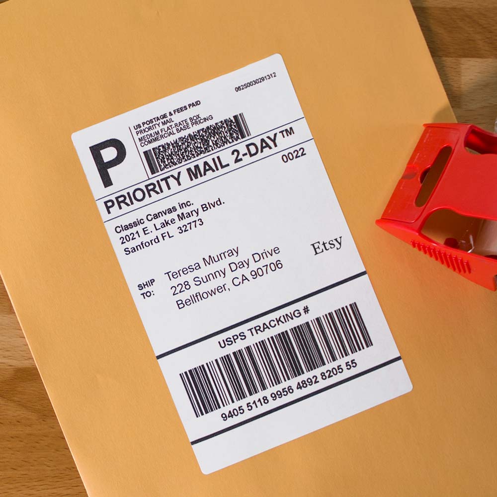 Etsy shipping label on 6.5" x 4.5" standard white matte