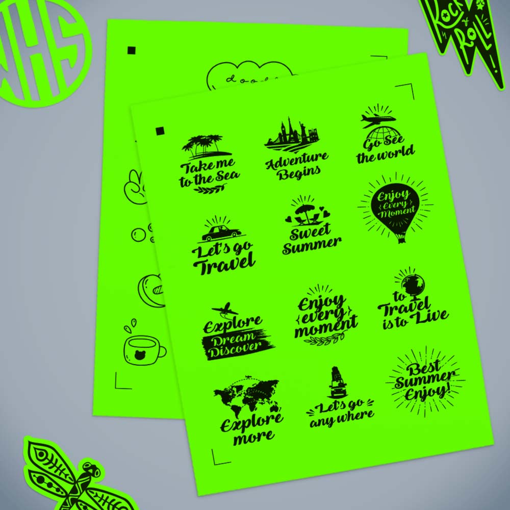 Printed stickers on fluorescent green.
