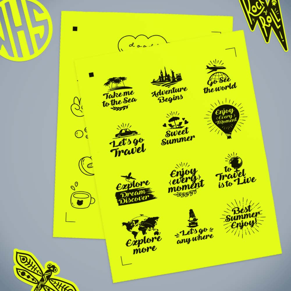 Printed stickers on fluorescent yellow.
