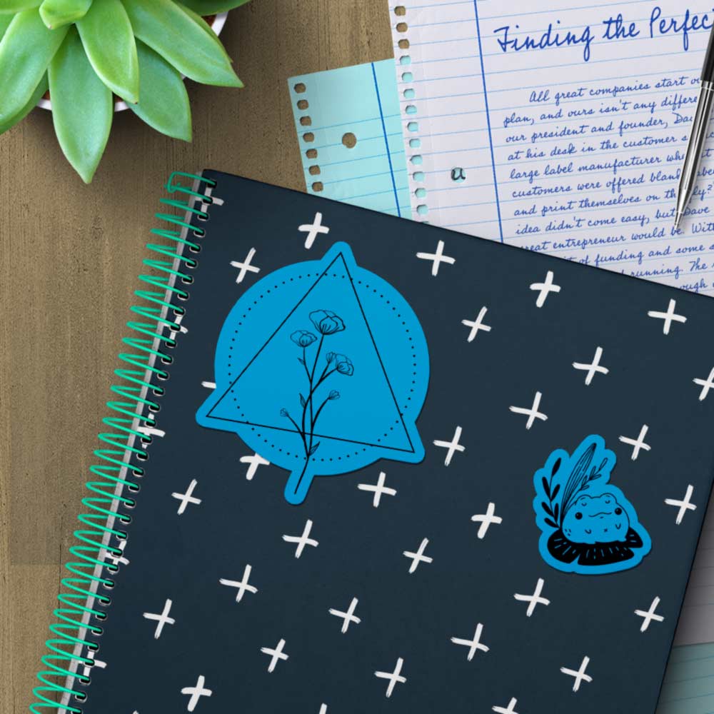 true blue stickers on a notebook.