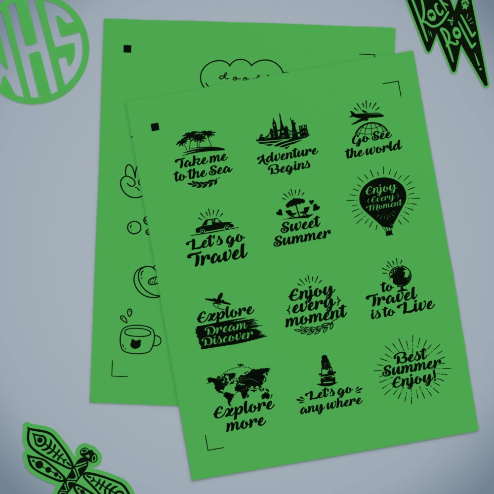 Printed stickers on true green.