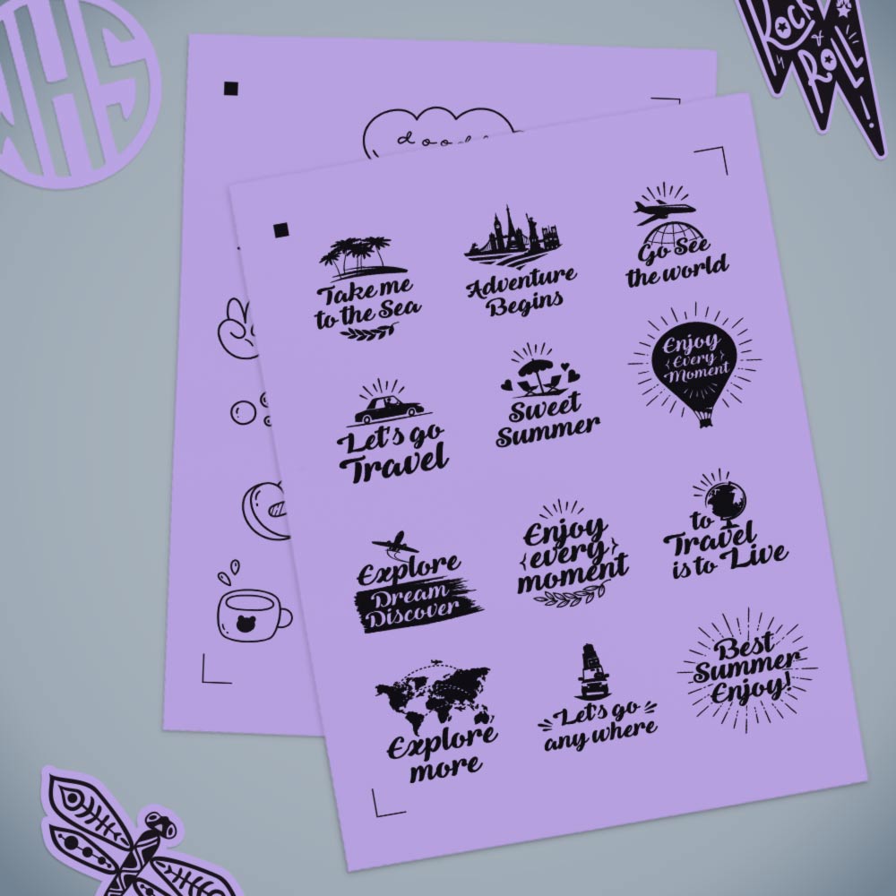 Printed stickers on true purple.
