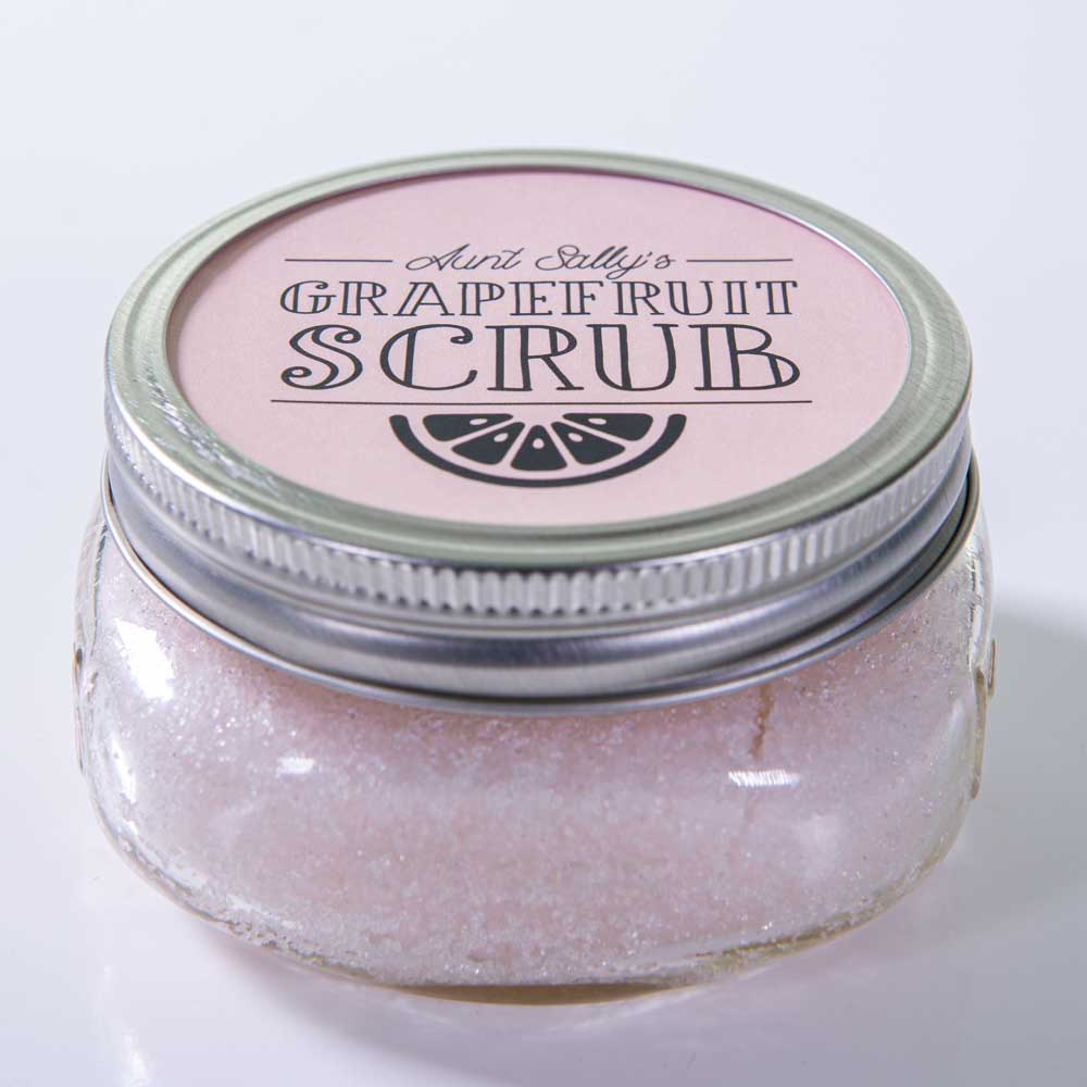 Pastel pink 3" circle label used on aluminum mason jar lid for sugar scrub product