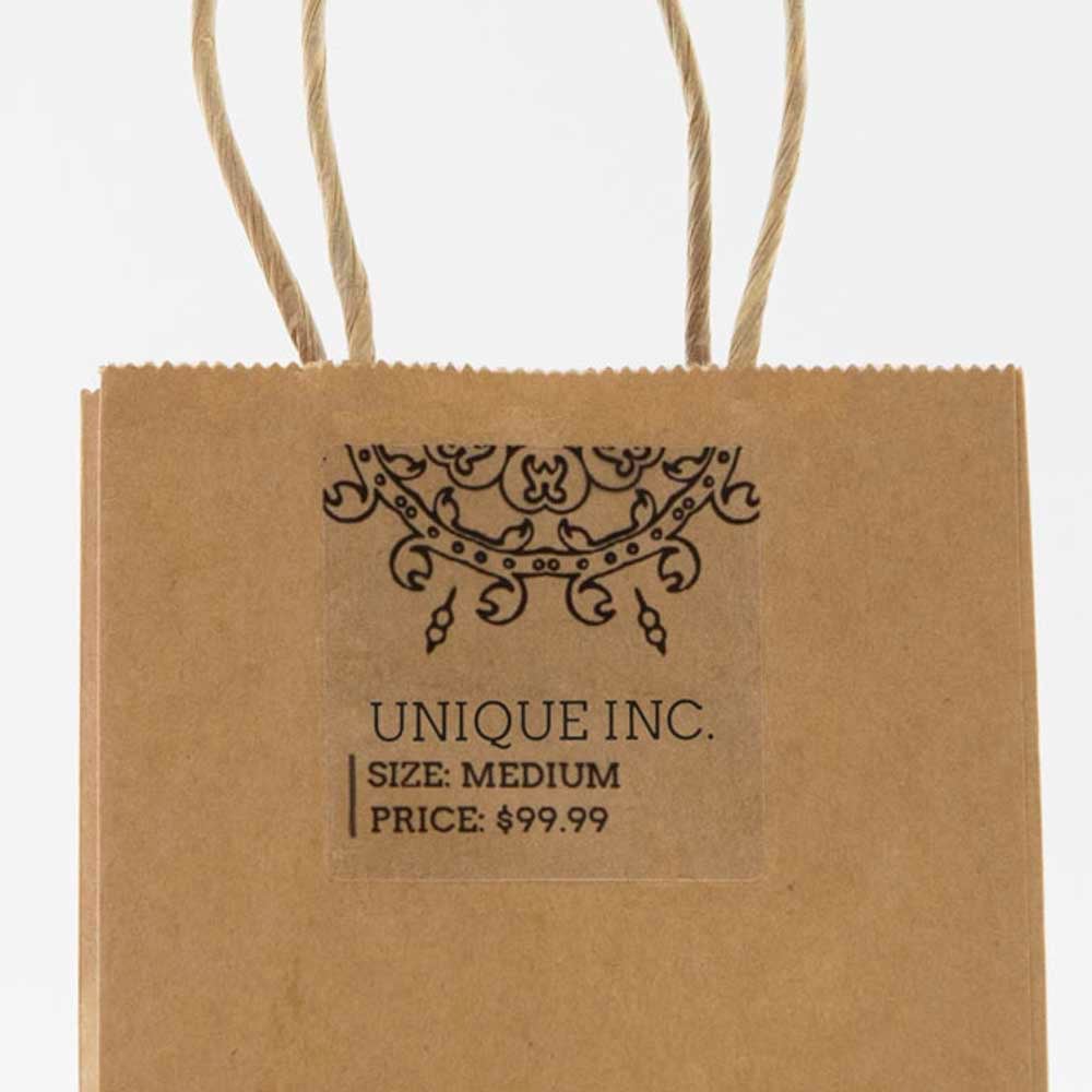 2" x 2" square label on clear gloss inkjet used on brown kraft shopping bag
