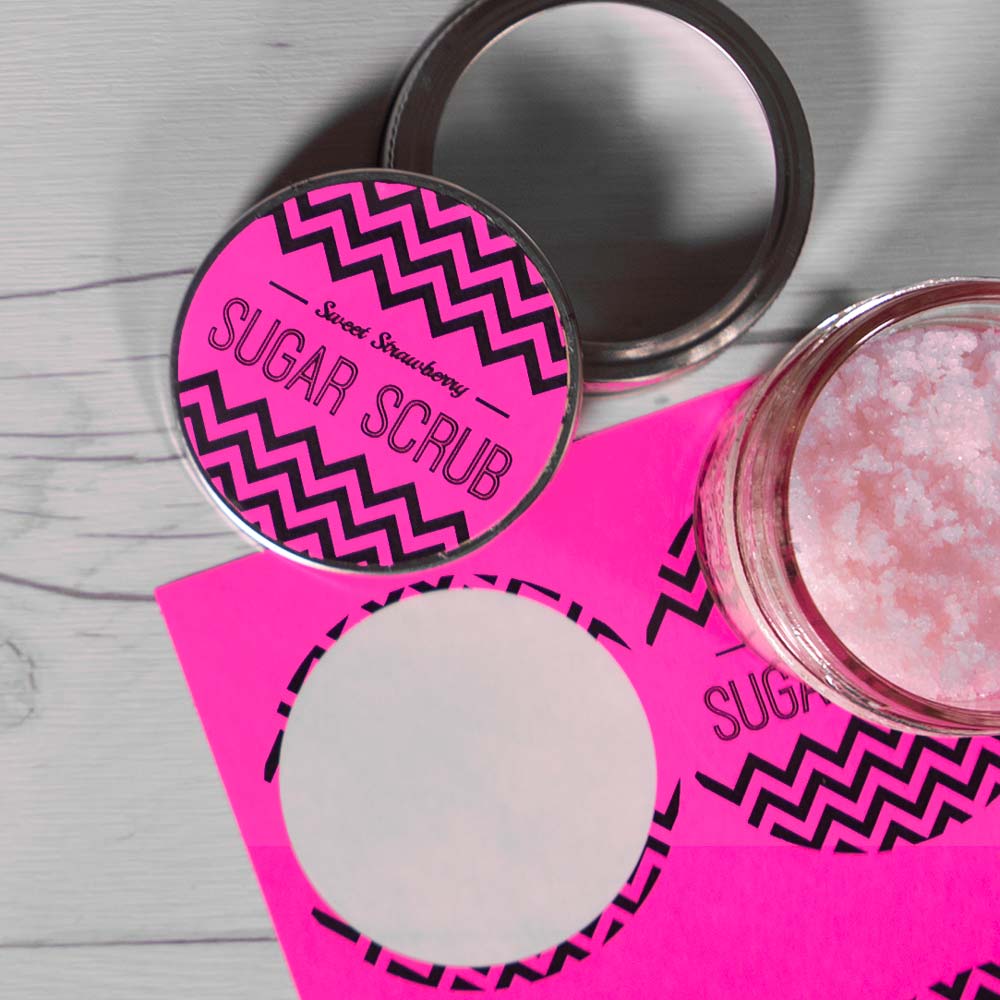2.5" neon pink sugar scrub label on small round tin lid