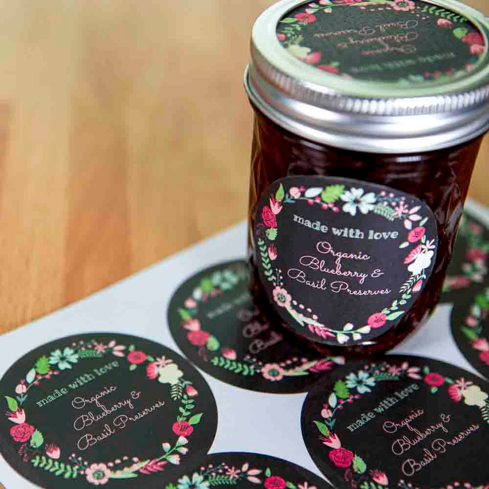 Full-color product label printed on 2.5" white matte circle labels, applied, to Mason jar