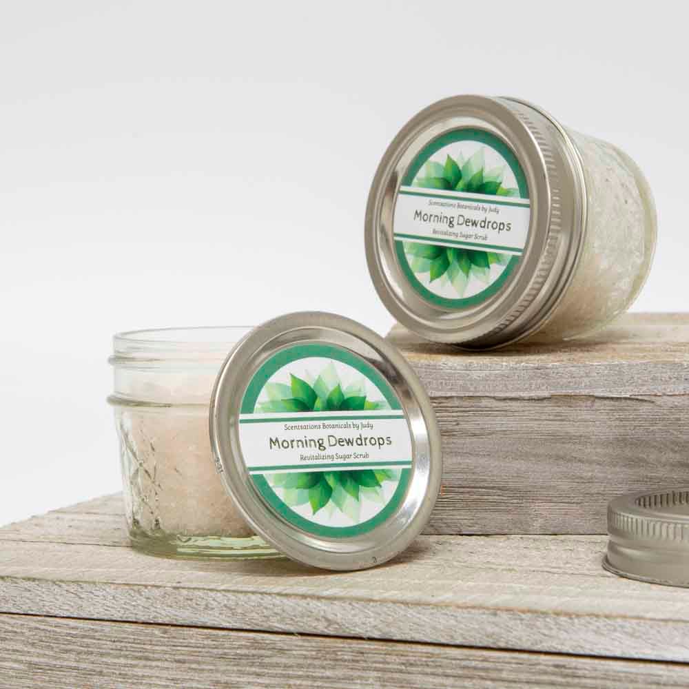 Bright sugar scrub product labels printed on 2.5" white matte round labels