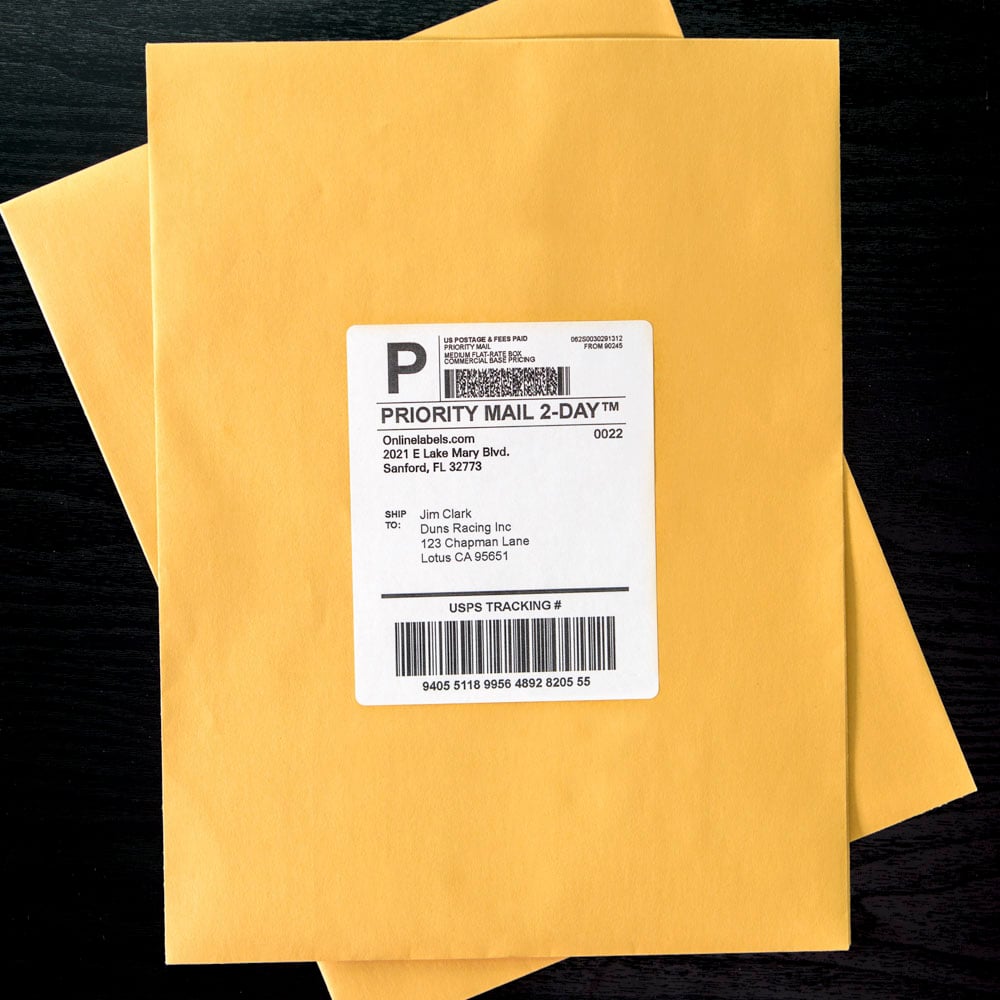 4" x 5" aggressive-adhesive white matte label used for labeling shipping envelopes and packages