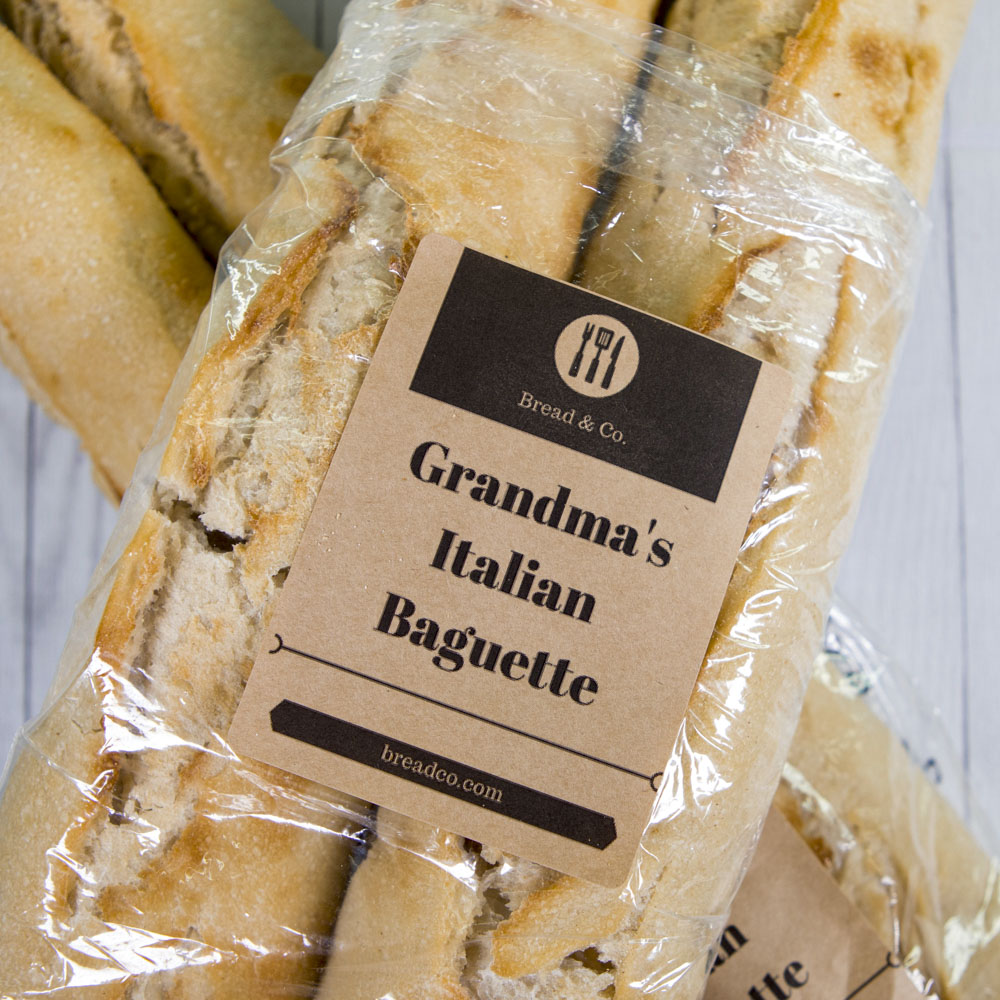 4" x 3" brown kraft label used as branded bakery bread/baguette product labels