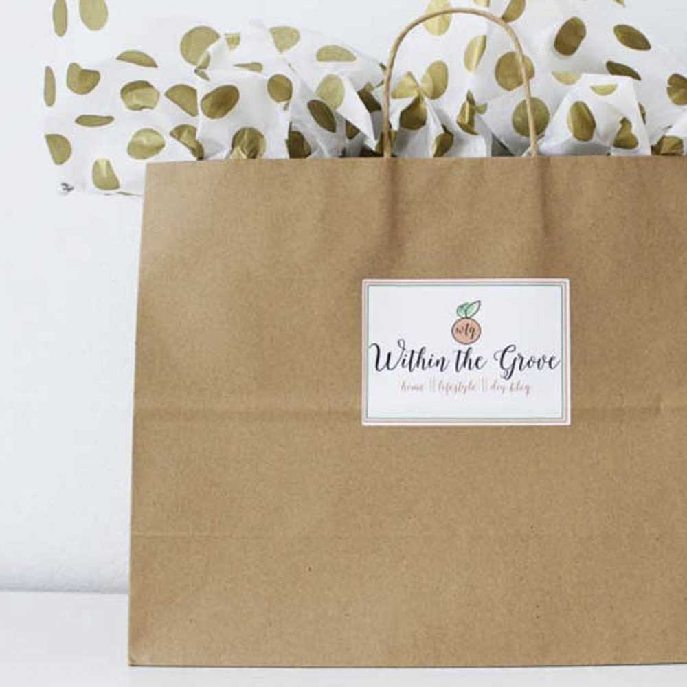 3.5" x 5" rectangle on aggressive white matte, applied to brown kraft shopping bag