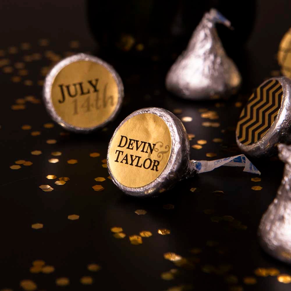 0.75" small gold foil inkjet labels on the bottom of Hershey's Kisses for a wedding