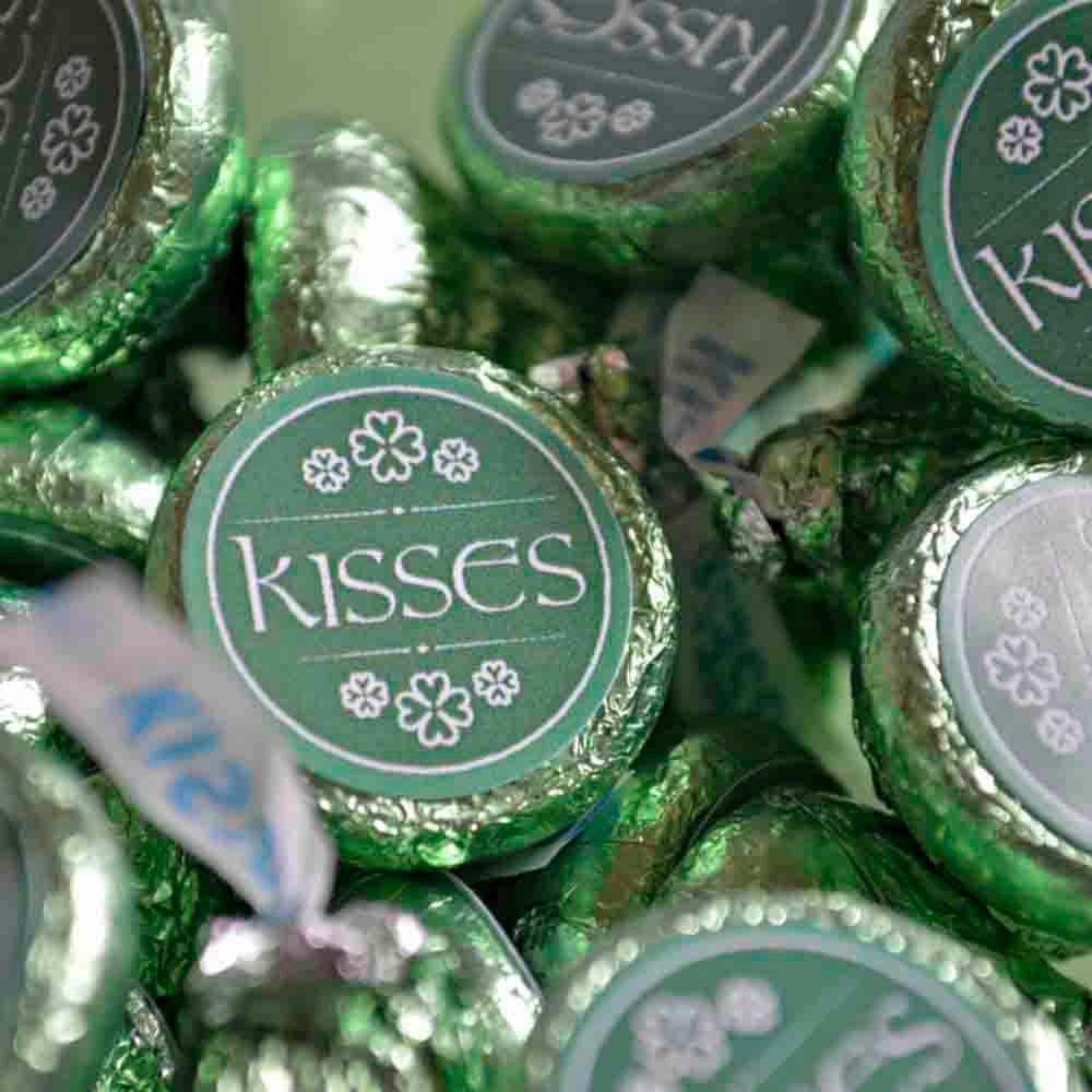0.75" round stickers on aggressive white matte used to theme Hershey's Kisses for a St. Patrick's Day party