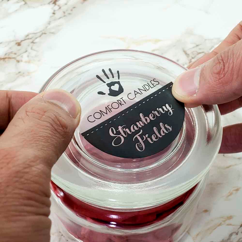 2" clear gloss label used as candle jar lid