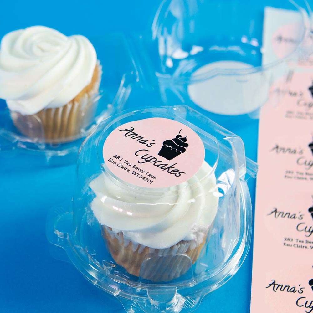 2" circle label in our pastel pink material used to brand clear plastic cupcake to-go packaging for a small bakery business
