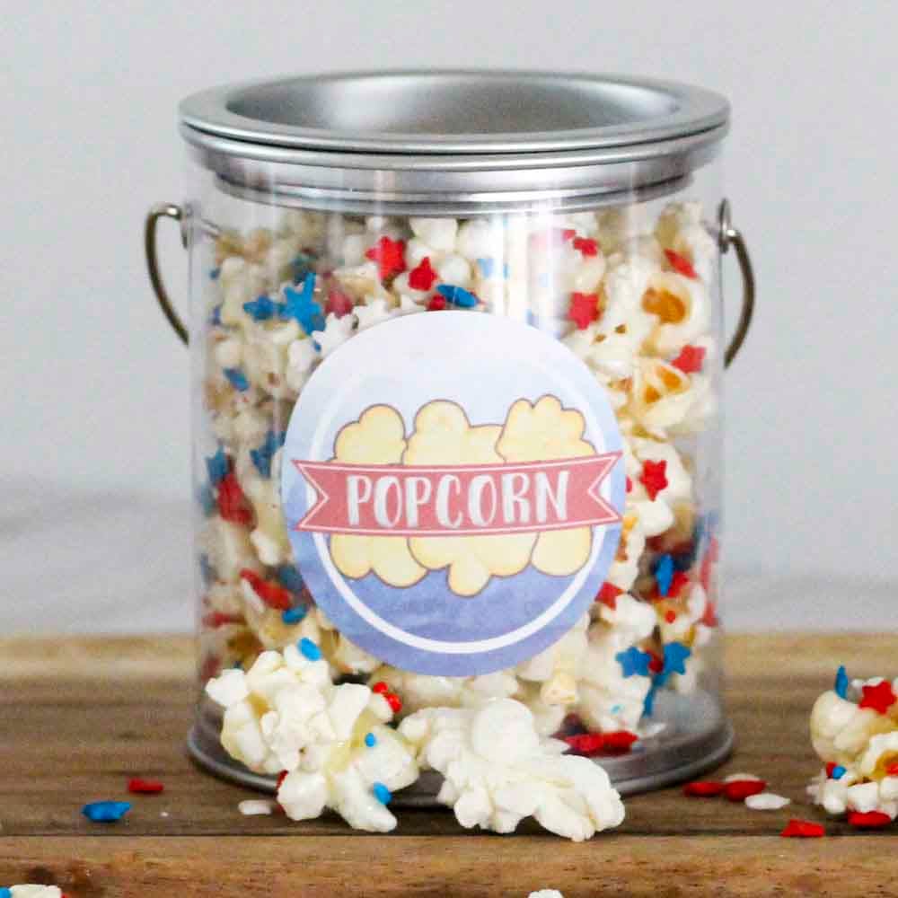 Full-color design printed on 2" aggressive white matte circle label for Independence Day popcorn bucket party favors