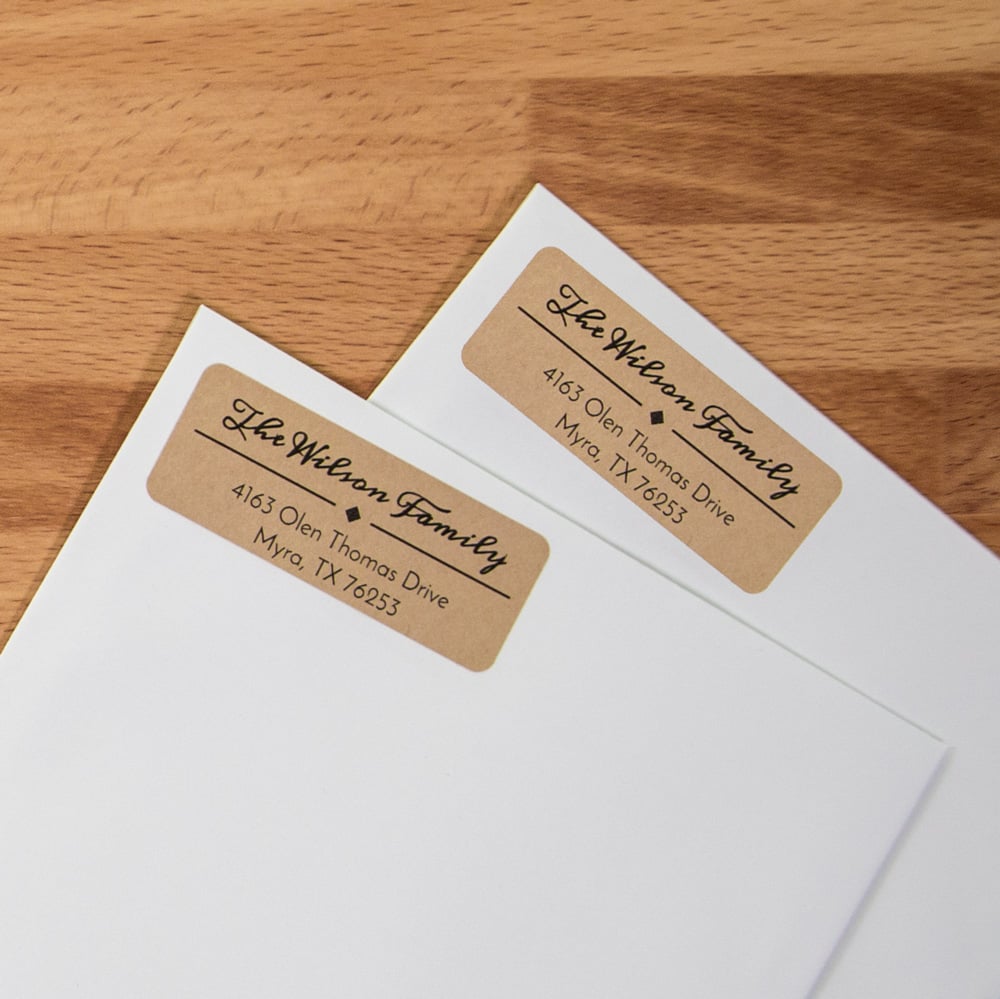 2.62" x 1" standard address label size in brown kraft, printed and placed on a white mailing envelope