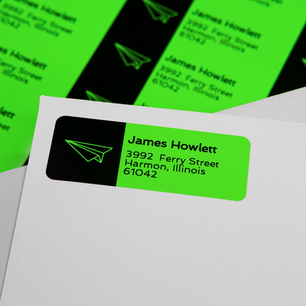 Standard address label size (2.62" x 1") on our neon green label material; personalized with your information; applied to white envelope