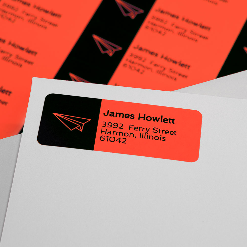 Standard address label size (2.62" x 1") on our neon red/hazard orange label material; personalized with your information; applied to white envelope