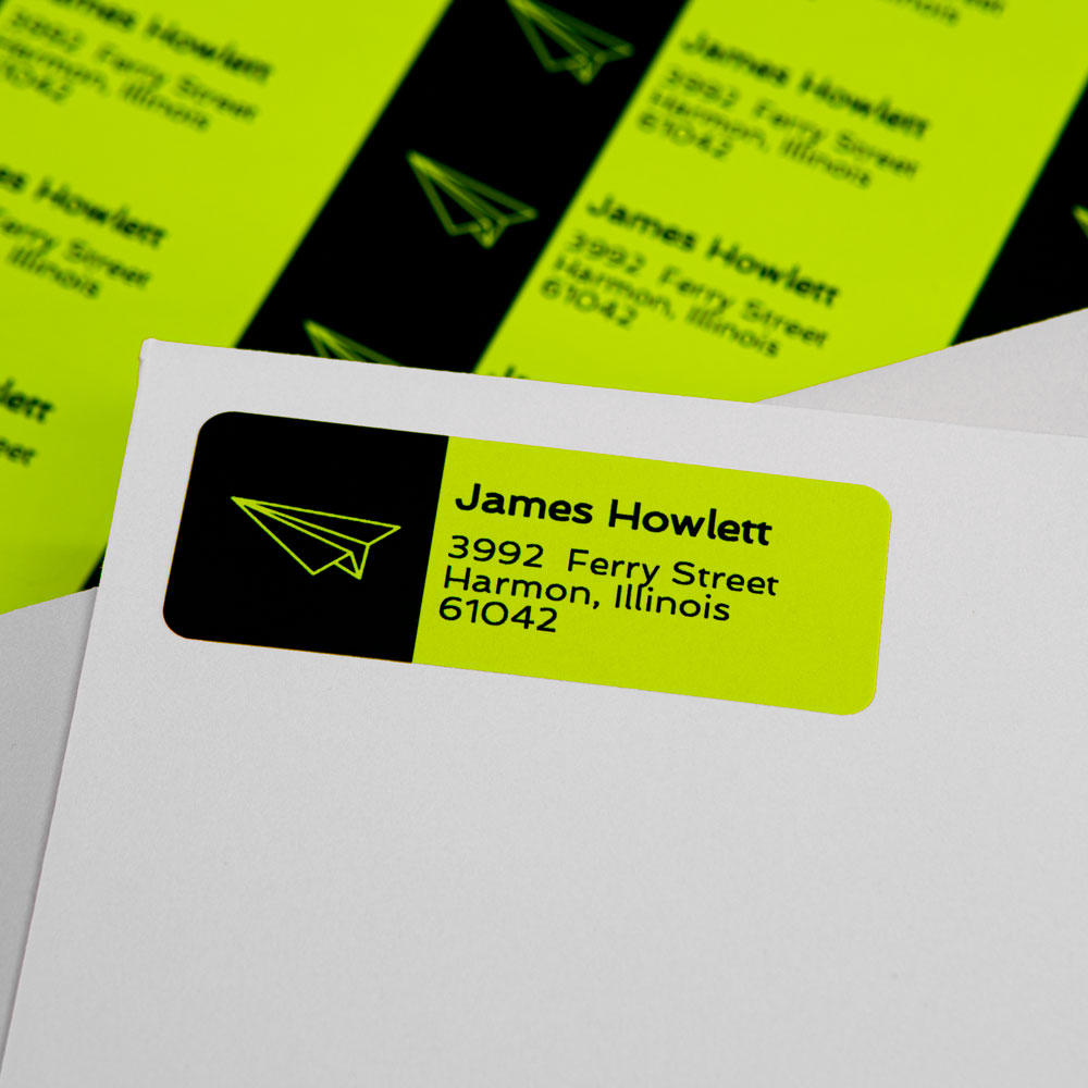 Standard address label size (2.62" x 1") on our neon yellow label material; personalized with your information; applied to white envelope