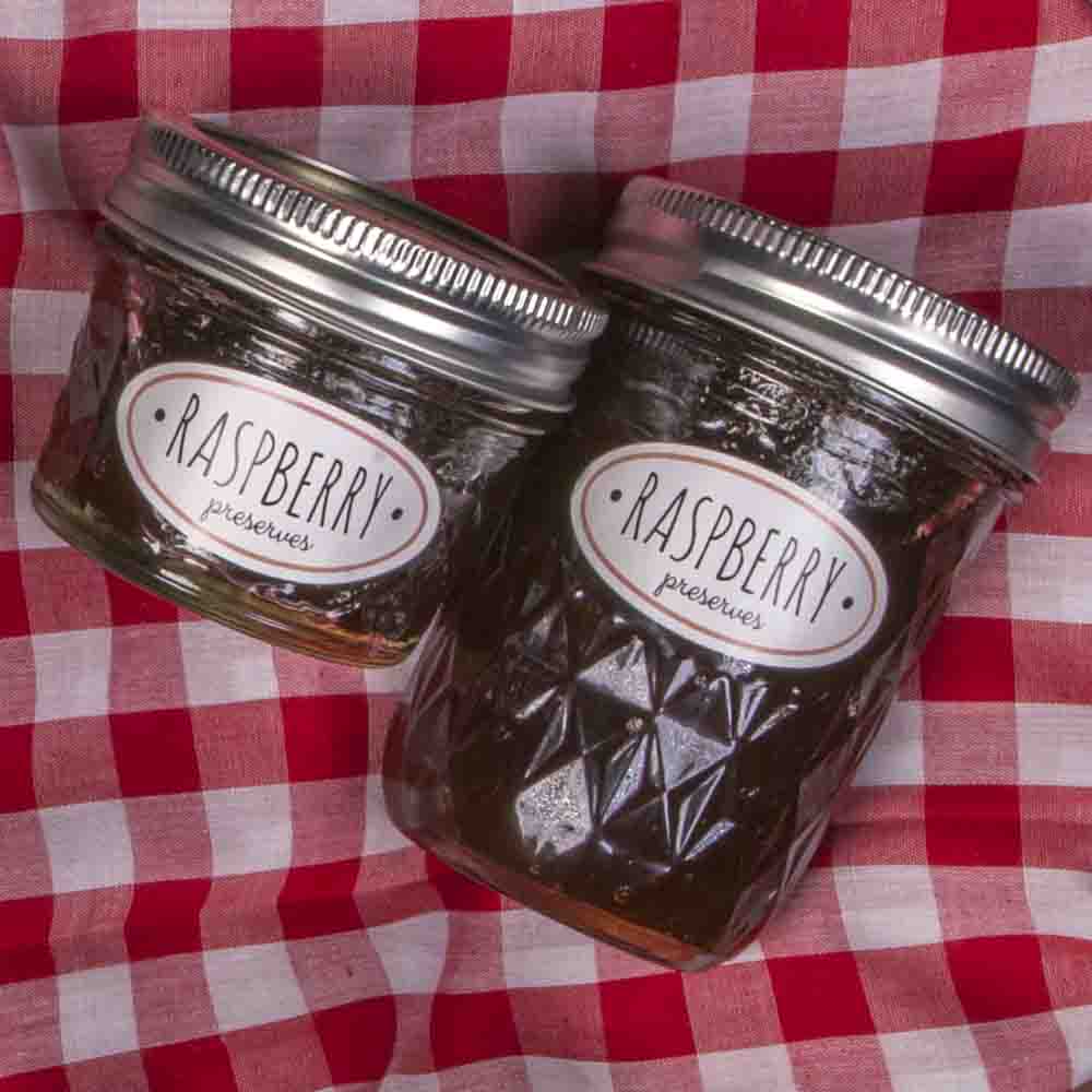 2" x 1" oval labels on weatherproof polyester laser used to label fruit preserves in Mason jars