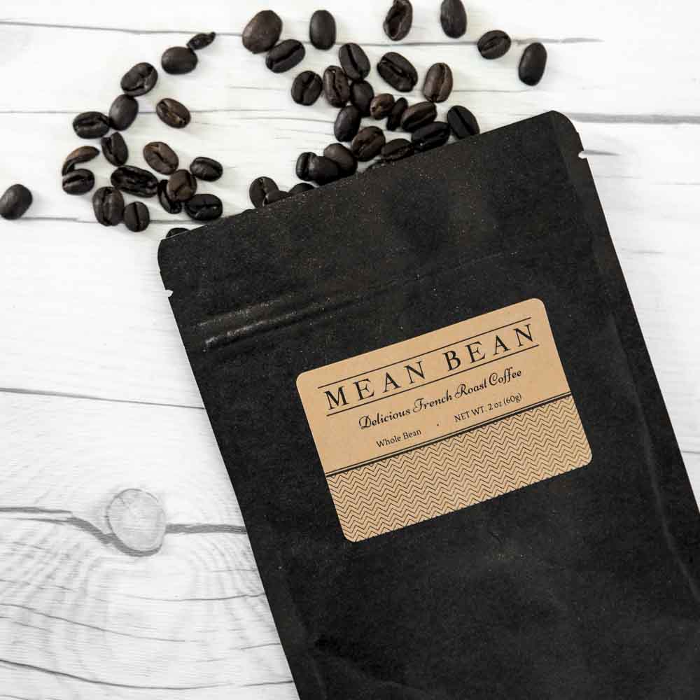 3" x 2" brown kraft label used as coffee bean bag product label