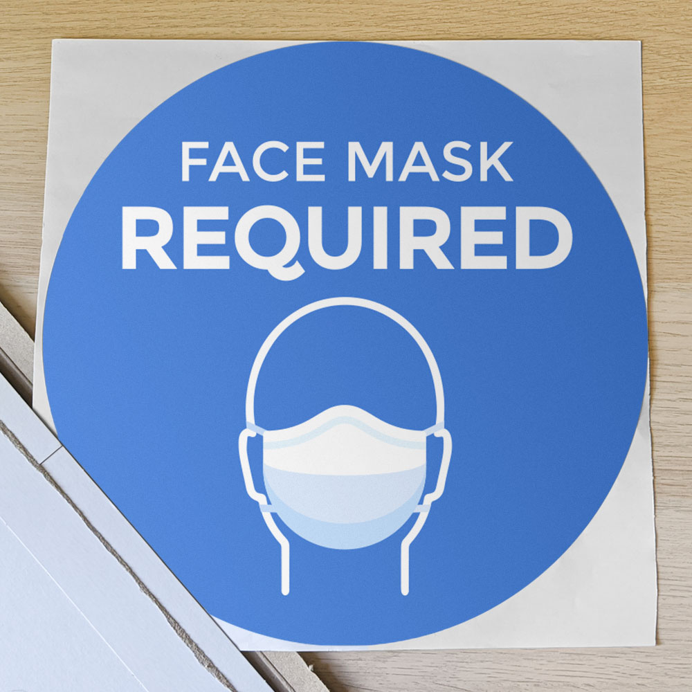 Blue "face mask required" window/wall sticker in shipping envelope