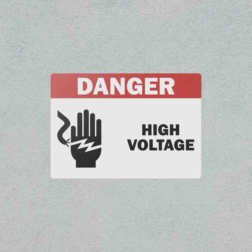 High Voltage safety sticker on a wall.