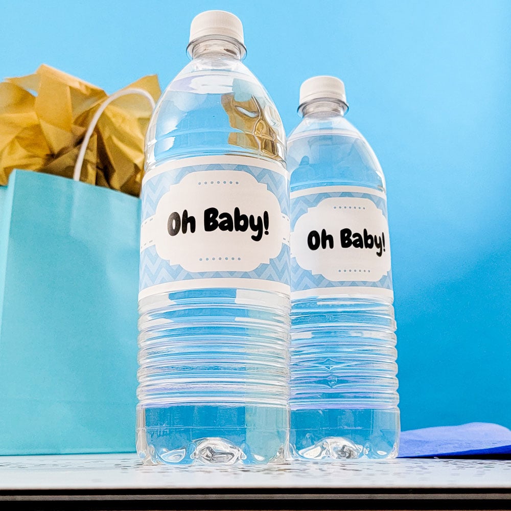 Blue water bottle labels