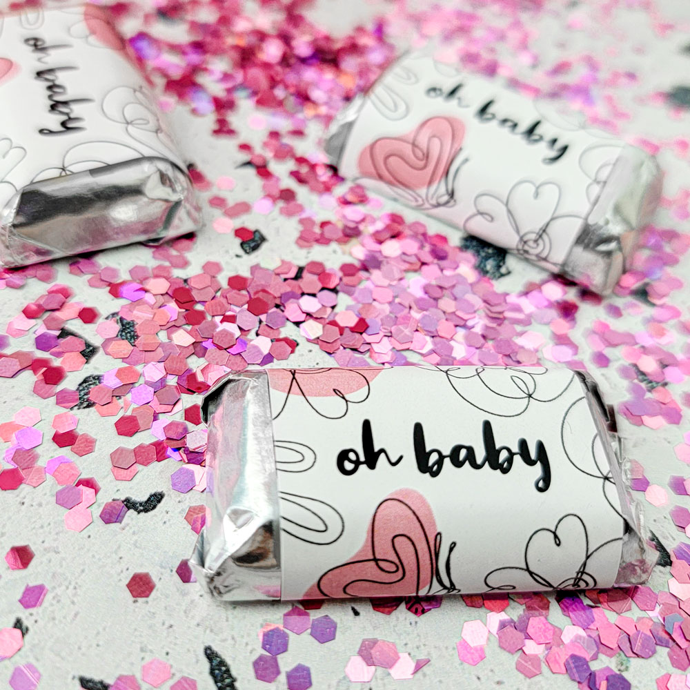 Oh Baby Mini Candy Bar Labels (Pink) - Pre-Printed Baby Shower Labels