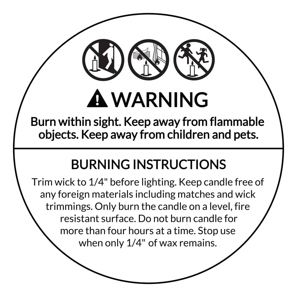 Close up circle candle warning label graphic with icons