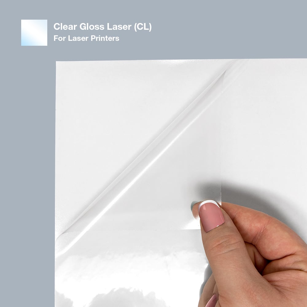 Clear Gloss Laser label sheet and color swatch.
