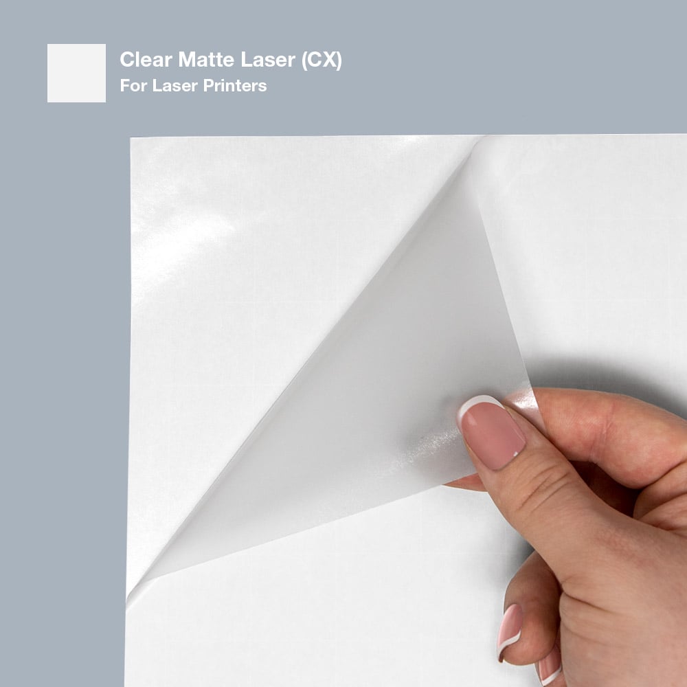 Clear Matte Laser label sheet and color swatch.