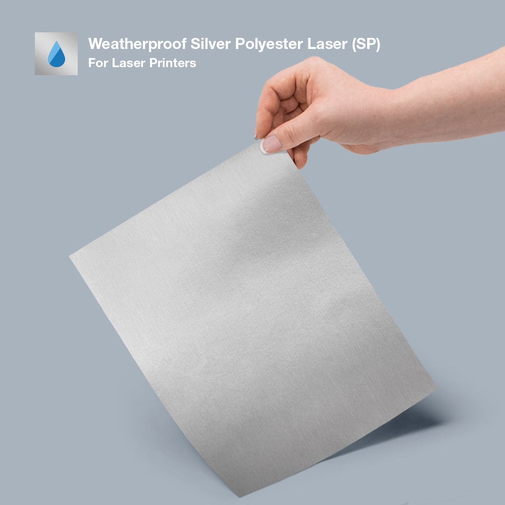 Weatherproof Silver Polyester Laser label sheet and color swatch.