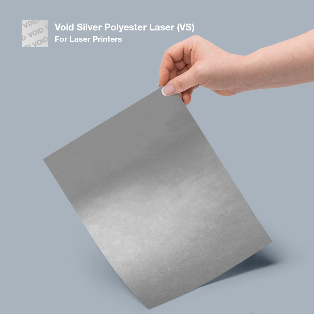 Void Silver Polyester Laser label sheet and color swatch.