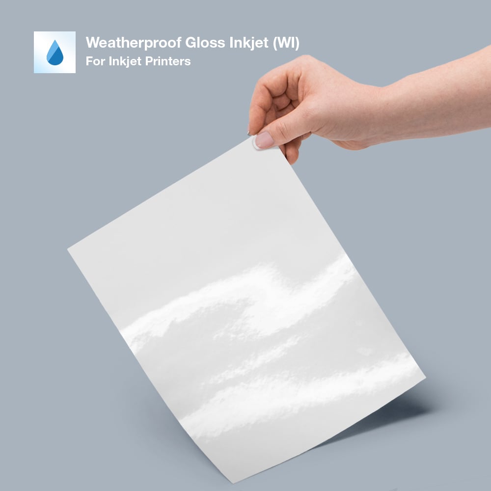 Weatherproof Gloss Inkjet label sheet and color swatch.