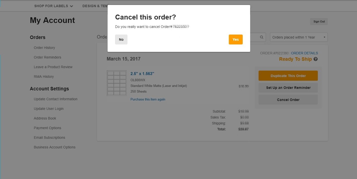 Cancel order page