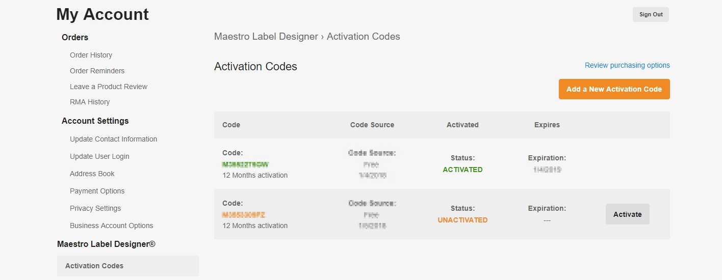 Maestro Label Designer activation codes within My Account